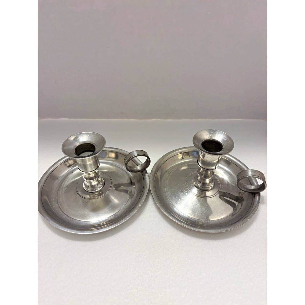 Pair of Vintage Stieff Pewter Colonial Williamsburg Chamberstick Candle Holders